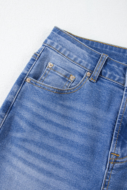 High Rise Straight Loose Raw Hem Cuffed Jeans