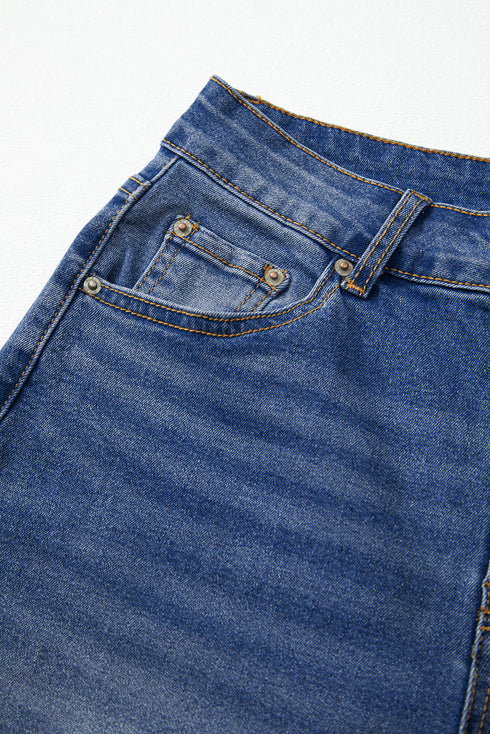 High Rise Straight Loose Raw Hem Cuffed Jeans