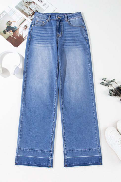 High Rise Straight Loose Raw Hem Cuffed Jeans