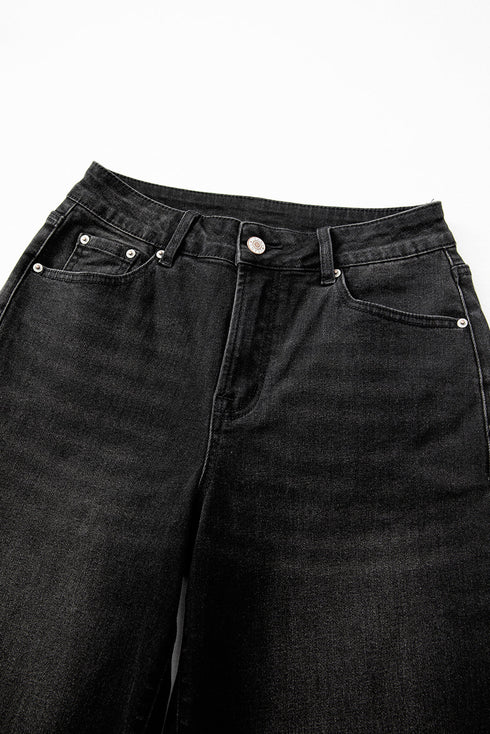 High Rise Straight Loose Raw Hem Cuffed Jeans