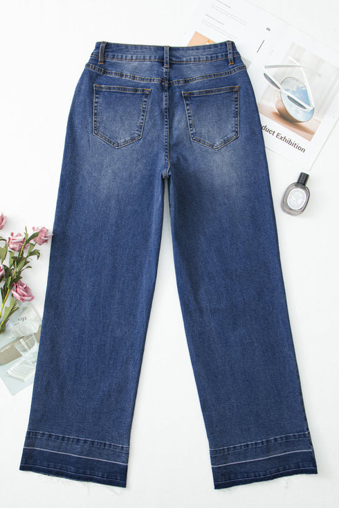 High Rise Straight Loose Raw Hem Cuffed Jeans