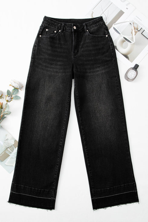 High Rise Straight Loose Raw Hem Cuffed Jeans