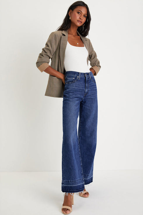 High Rise Straight Loose Raw Hem Cuffed Jeans