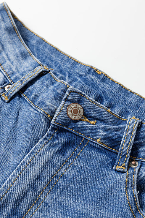 High Rise Straight Loose Raw Hem Cuffed Jeans