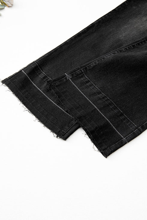 High Rise Straight Loose Raw Hem Cuffed Jeans