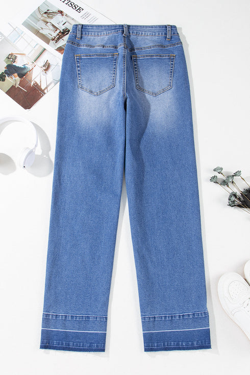 High Rise Straight Loose Raw Hem Cuffed Jeans