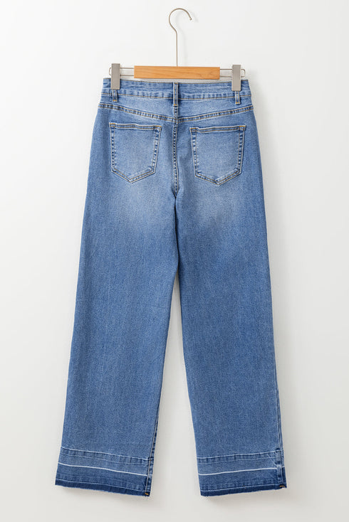High Rise Straight Loose Raw Hem Cuffed Jeans