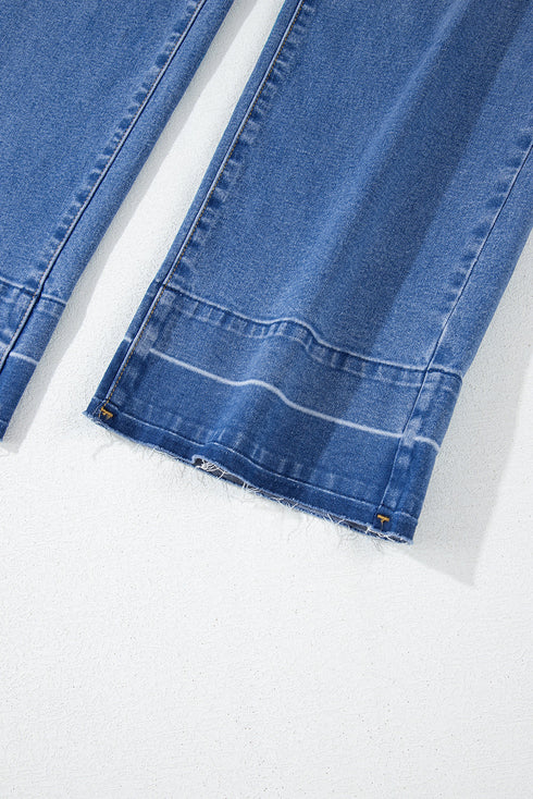 High Rise Straight Loose Raw Hem Cuffed Jeans