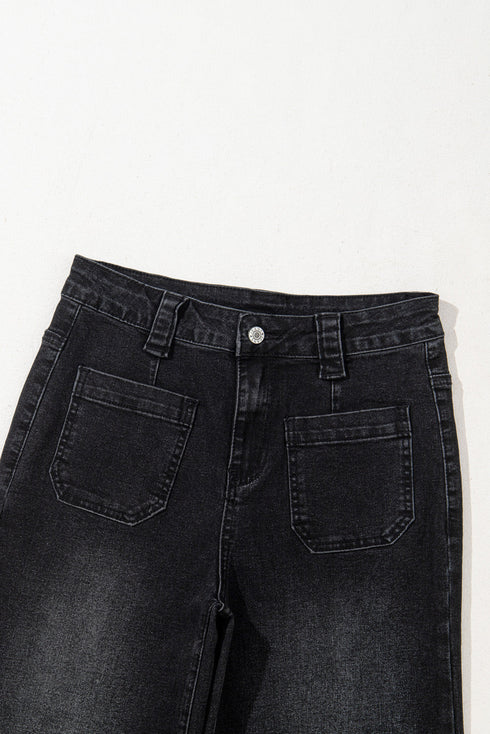 High Rise Wide Leg Pocketed Stretch Denim Jeans