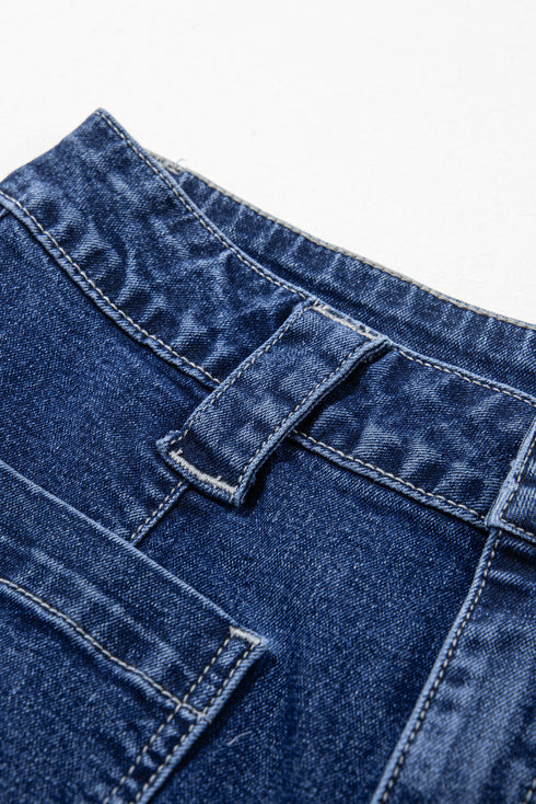 High Rise Wide Leg Pocketed Stretch Denim Jeans