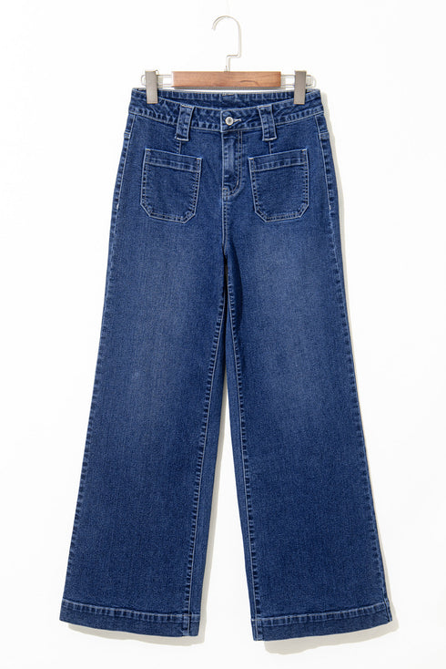 High Rise Wide Leg Pocketed Stretch Denim Jeans