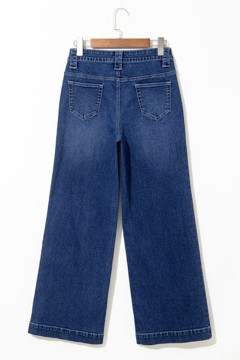 High Rise Wide Leg Pocketed Stretch Denim Jeans