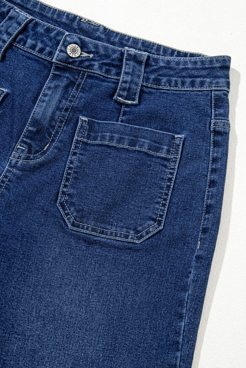 High Rise Wide Leg Pocketed Stretch Denim Jeans