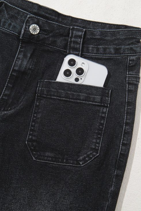 High Rise Wide Leg Pocketed Stretch Denim Jeans