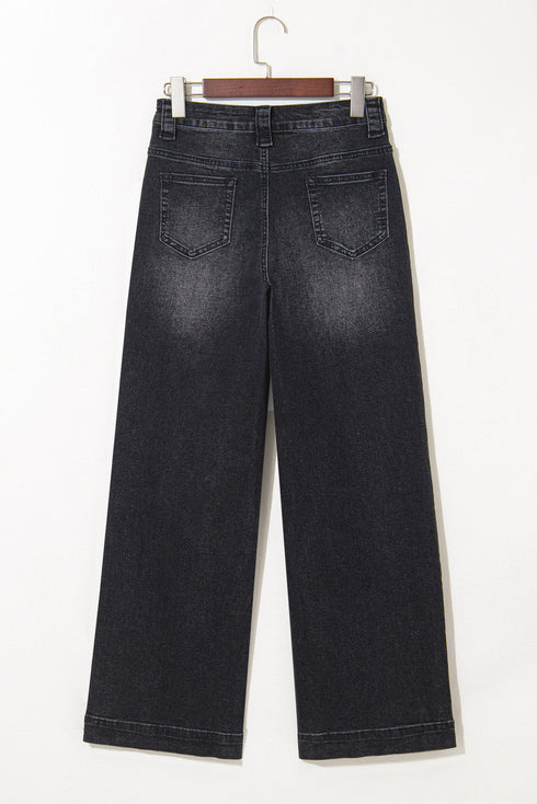 High Rise Wide Leg Pocketed Stretch Denim Jeans