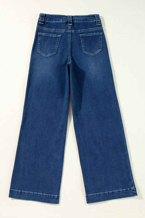 High Rise Wide Leg Pocketed Stretch Denim Jeans