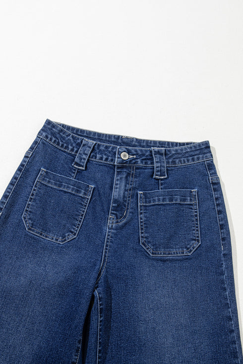High Rise Wide Leg Pocketed Stretch Denim Jeans