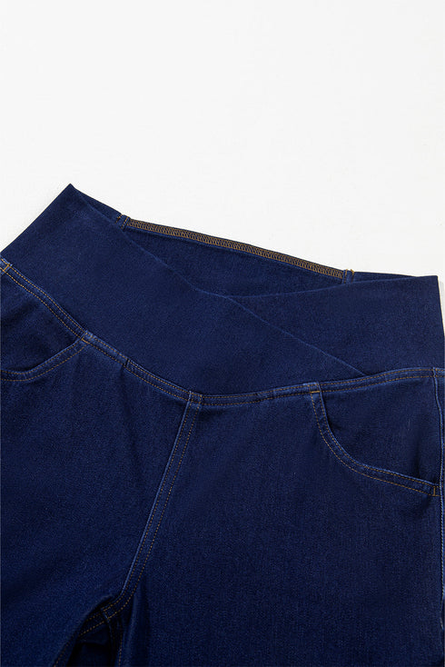 High Stretch Crossed Waist Flare Knit Denim Jeans