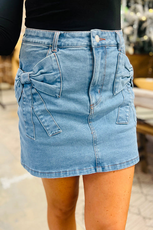 High Waist Acid Wash Bowknot Detail Denim Skirt