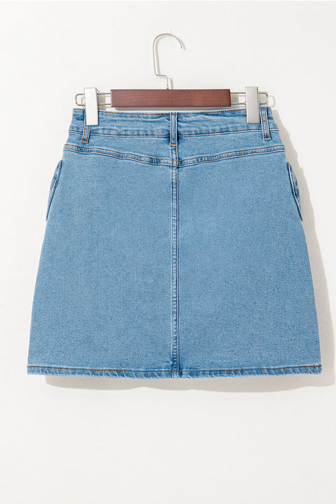 High Waist Acid Wash Bowknot Detail Denim Skirt