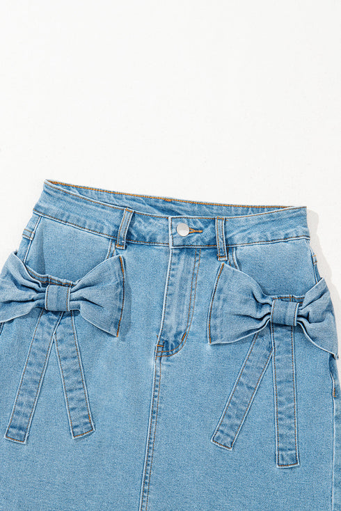 High Waist Acid Wash Bowknot Detail Denim Skirt