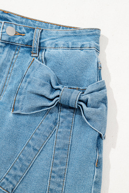 High Waist Acid Wash Bowknot Detail Denim Skirt