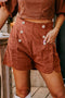 High Waist Button Decor Patch Pocket Scalloped Hem Corduroy Shorts