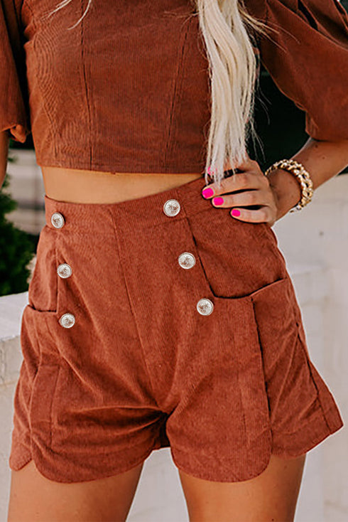High Waist Button Decor Patch Pocket Scalloped Hem Corduroy Shorts