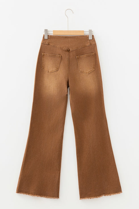 High Waist Button Fly Seamed Raw Hem Wide Leg Jeans