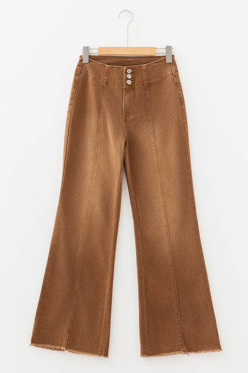 High Waist Button Fly Seamed Raw Hem Wide Leg Jeans