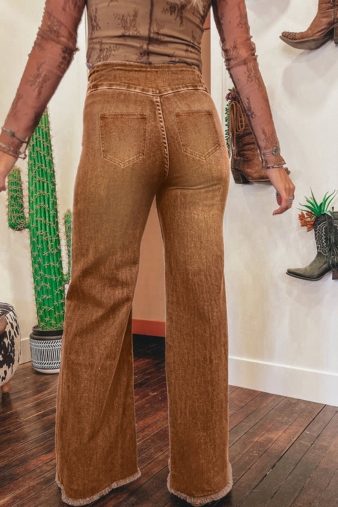 High Waist Button Fly Seamed Raw Hem Wide Leg Jeans