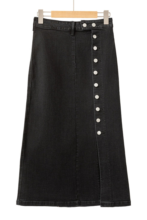 High Waist Button Fly Side Split Denim Midi Skirt