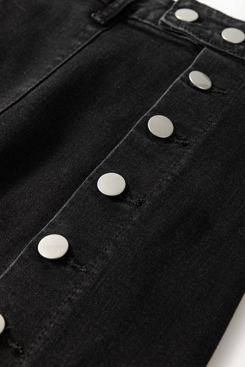 High Waist Button Fly Side Split Denim Midi Skirt