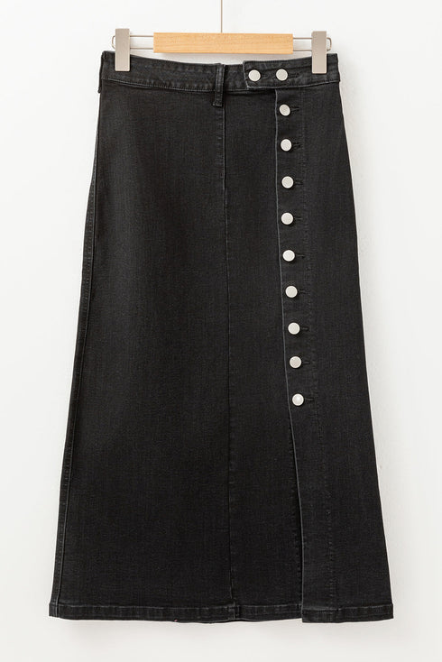 High Waist Button Fly Side Split Denim Midi Skirt
