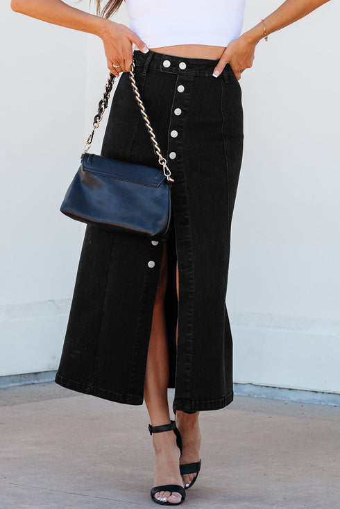 High Waist Button Fly Side Split Denim Midi Skirt