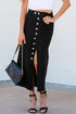 High Waist Button Fly Side Split Denim Midi Skirt
