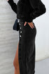 High Waist Button Fly Side Split Denim Midi Skirt