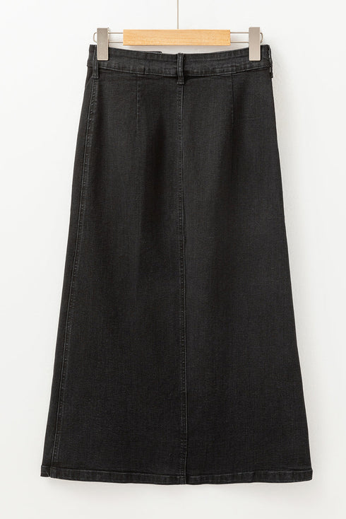 High Waist Button Fly Side Split Denim Midi Skirt