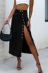 High Waist Button Fly Side Split Denim Midi Skirt