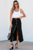 High Waist Button Fly Side Split Denim Midi Skirt