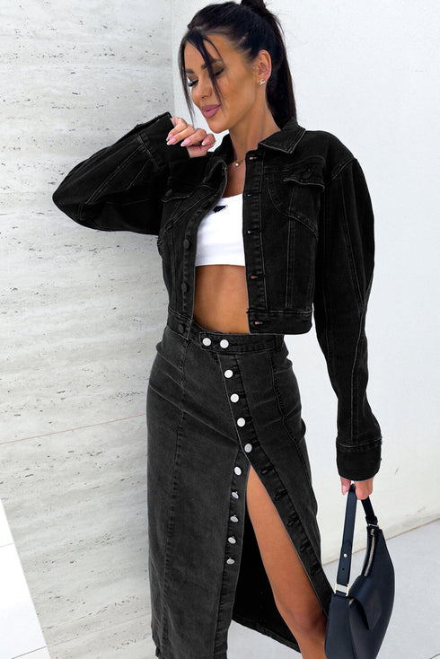 High Waist Button Fly Side Split Denim Midi Skirt