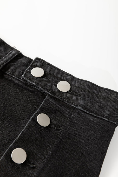 High Waist Button Fly Side Split Denim Midi Skirt