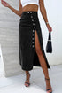 High Waist Button Fly Side Split Denim Midi Skirt