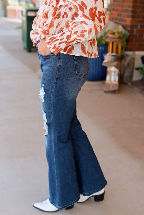 High Waist Distressed Cutout Flare Leg Denim Jeans