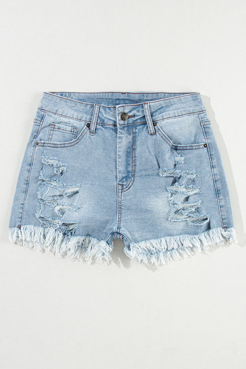High Waist Distressed Ripped Raw Hem Patchwork Denim Shorts