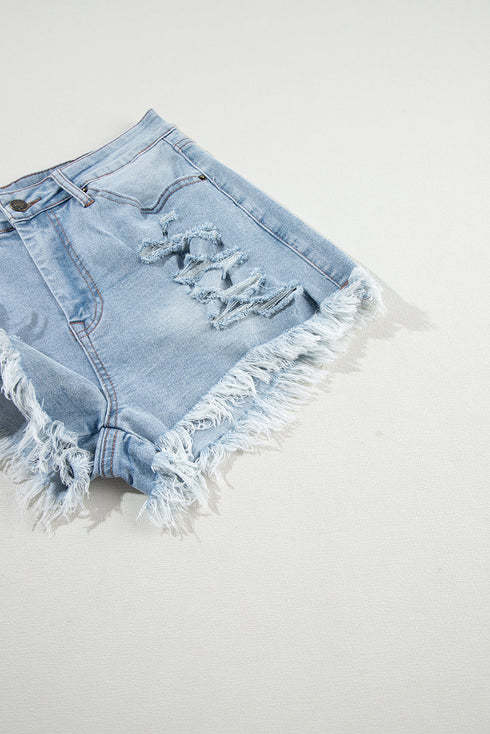 High Waist Distressed Ripped Raw Hem Patchwork Denim Shorts