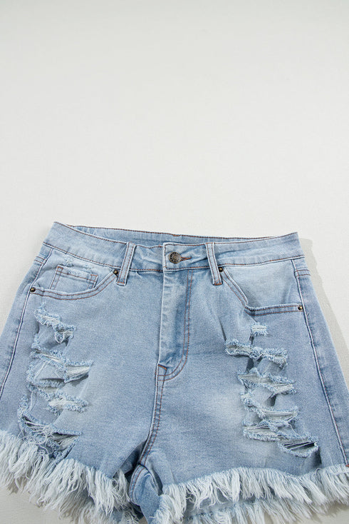 High Waist Distressed Ripped Raw Hem Patchwork Denim Shorts