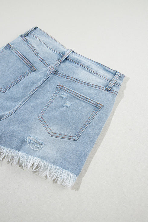 High Waist Distressed Ripped Raw Hem Patchwork Denim Shorts