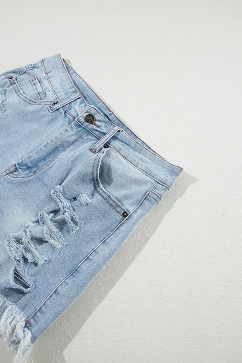 High Waist Distressed Ripped Raw Hem Patchwork Denim Shorts