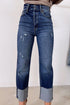 High Waist Distressed Straight Leg Contrast Cuff Jeans